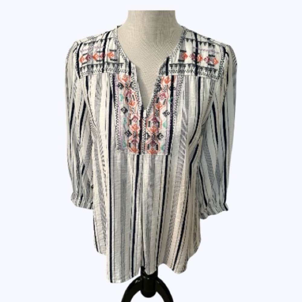 Suzanne Betro Weekend Striped Blouse with Embroidery Cross-Stitch Accents